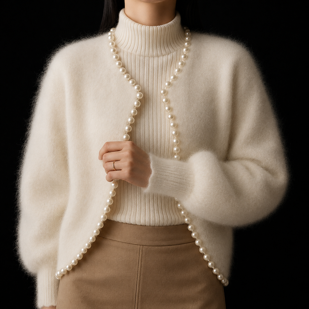 Women's Fluffy Cardigan with Beaded Trim | Open Front
