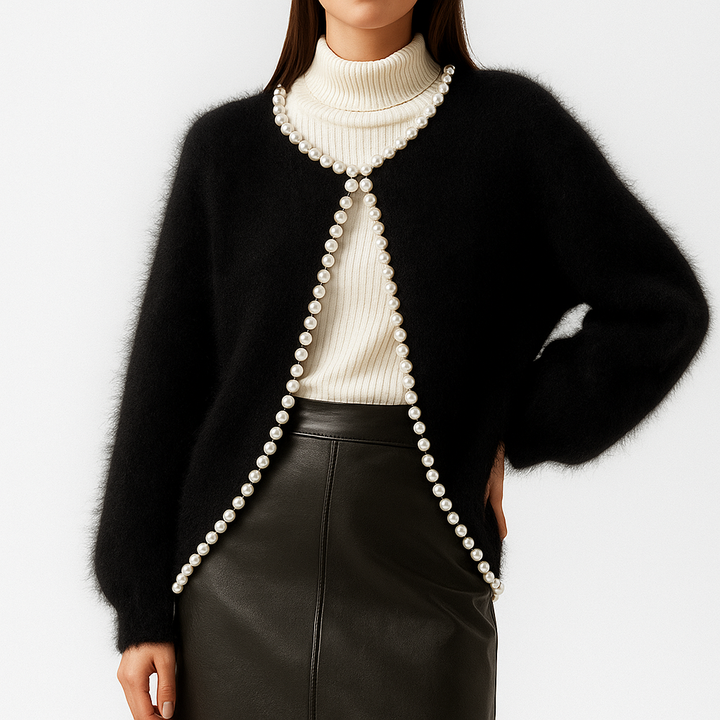 Women's Fluffy Cardigan with Beaded Trim | Open Front