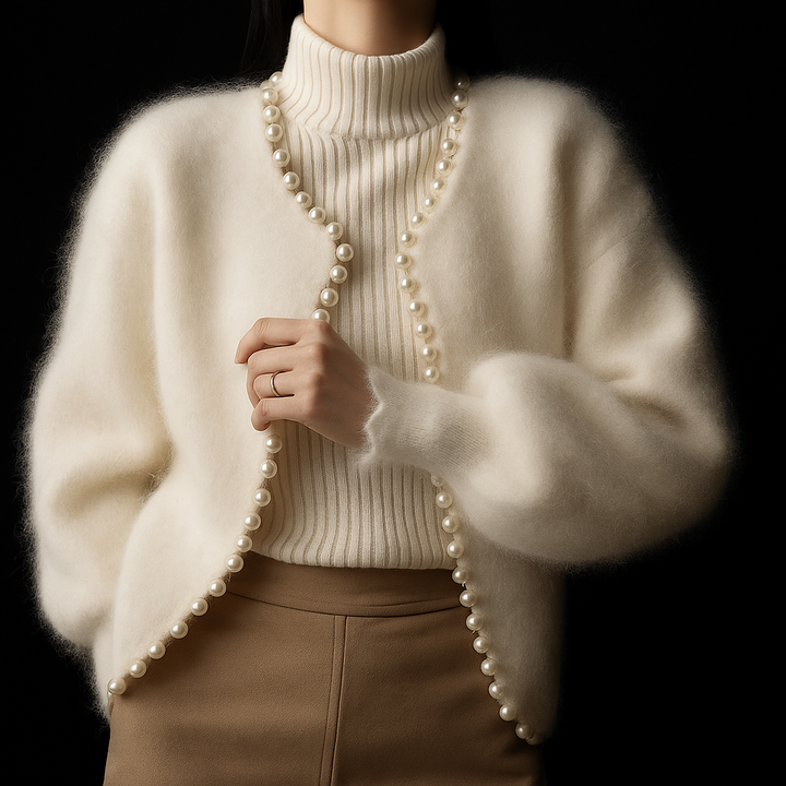 Women's Fluffy Cardigan with Beaded Trim | Open Front