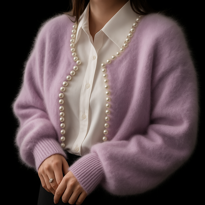Women's Fluffy Cardigan with Beaded Trim | Open Front