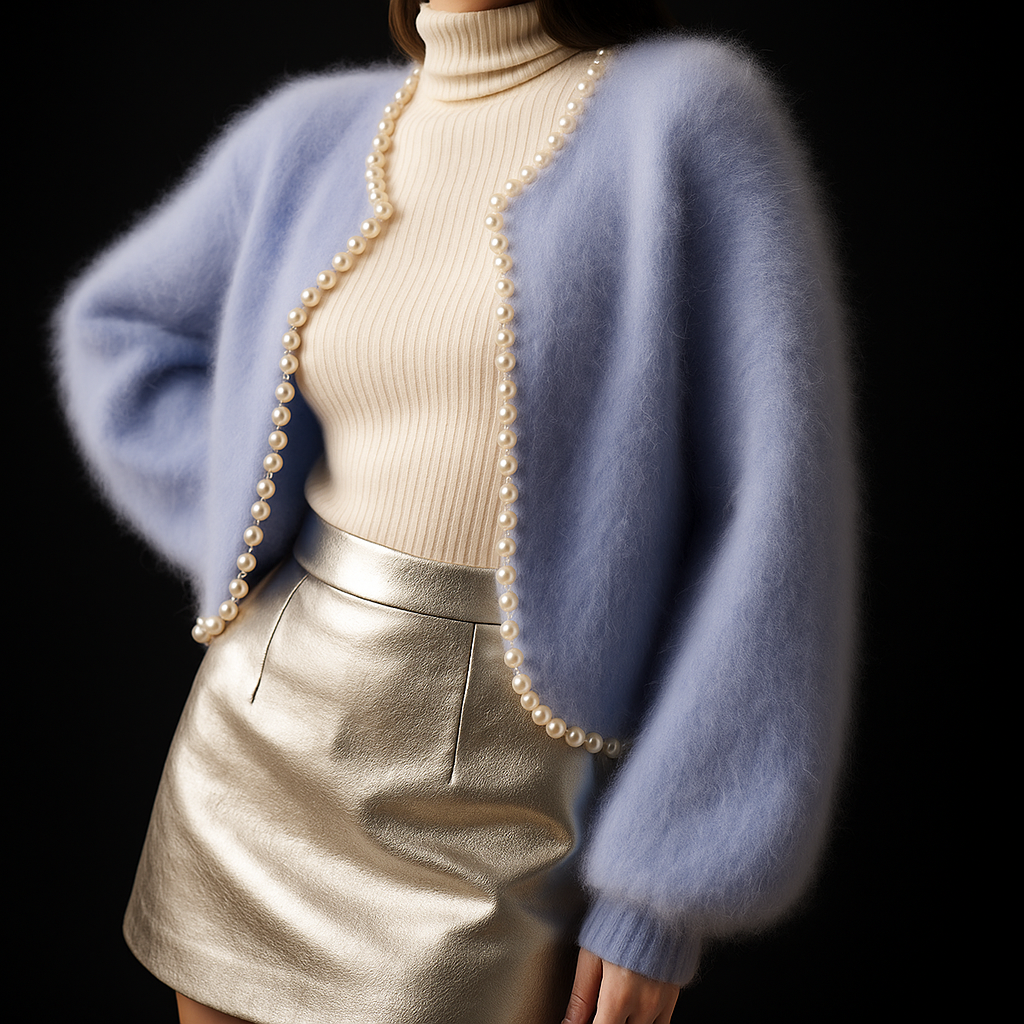 Women's Fluffy Cardigan with Beaded Trim | Open Front