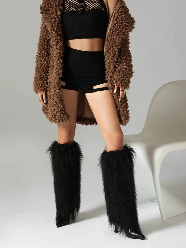 Women's Fluffy Knee High Boots with Pointed Toe | Stiletto Heel