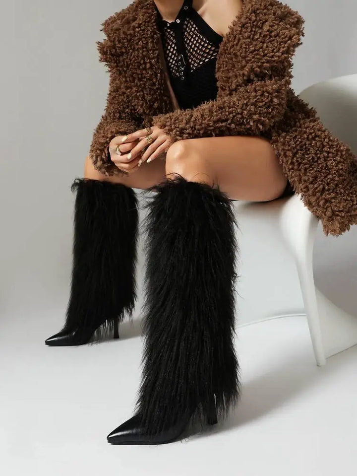 Women's Fluffy Knee High Boots with Pointed Toe | Stiletto Heel