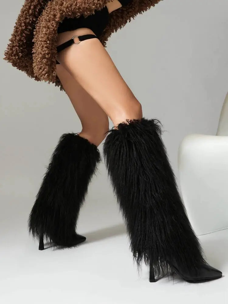 Women's Fluffy Knee High Boots with Pointed Toe | Stiletto Heel