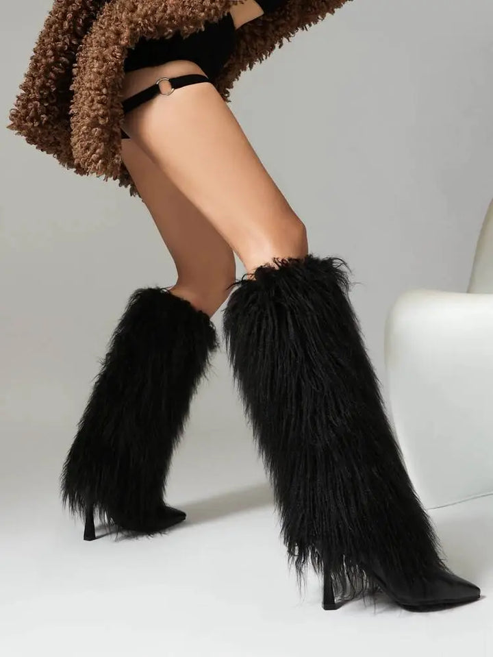 Women's Fluffy Knee High Boots with Pointed Toe | Stiletto Heel