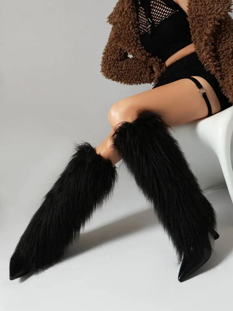 Women's Fluffy Knee High Boots with Pointed Toe | Stiletto Heel