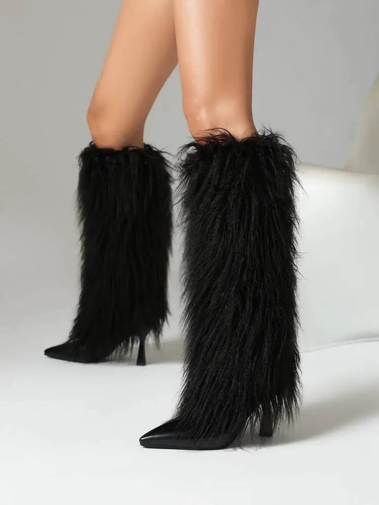 Women's Fluffy Knee High Boots with Pointed Toe | Stiletto Heel