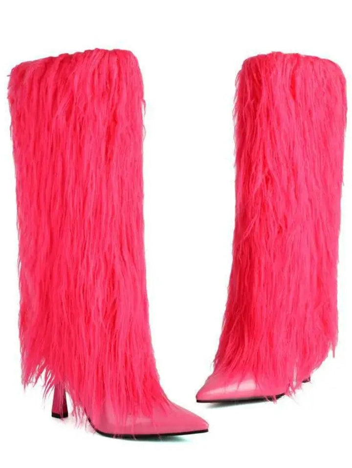 Women's Fluffy Knee High Boots with Pointed Toe | Stiletto Heel