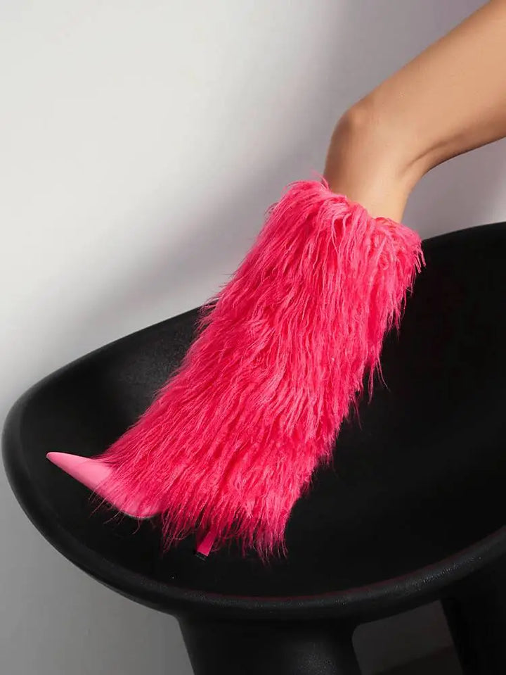 Women's Fluffy Knee High Boots with Pointed Toe | Stiletto Heel