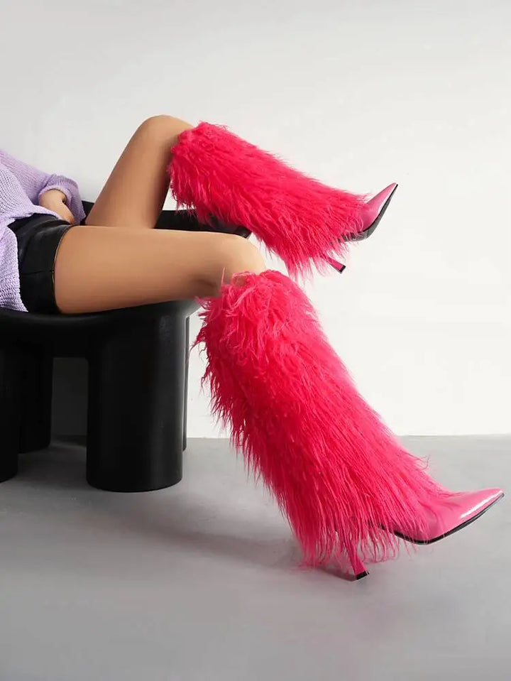 Women's Fluffy Knee High Boots with Pointed Toe | Stiletto Heel
