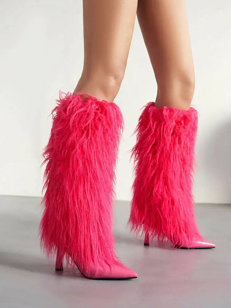 Women's Fluffy Knee High Boots with Pointed Toe | Stiletto Heel