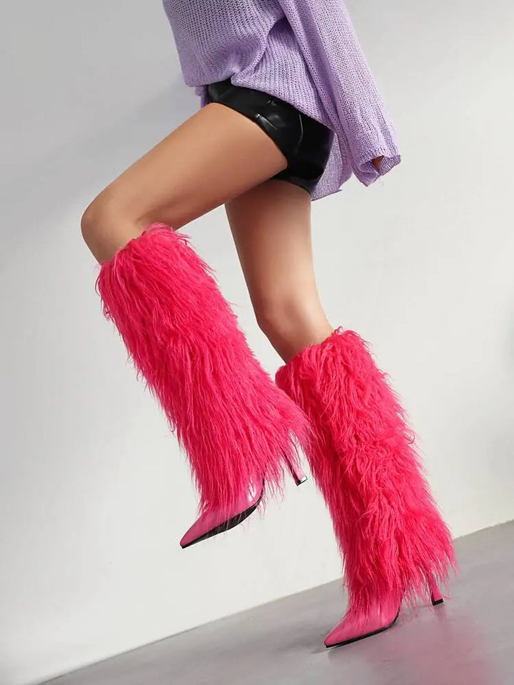 Women's Fluffy Knee High Boots with Pointed Toe | Stiletto Heel