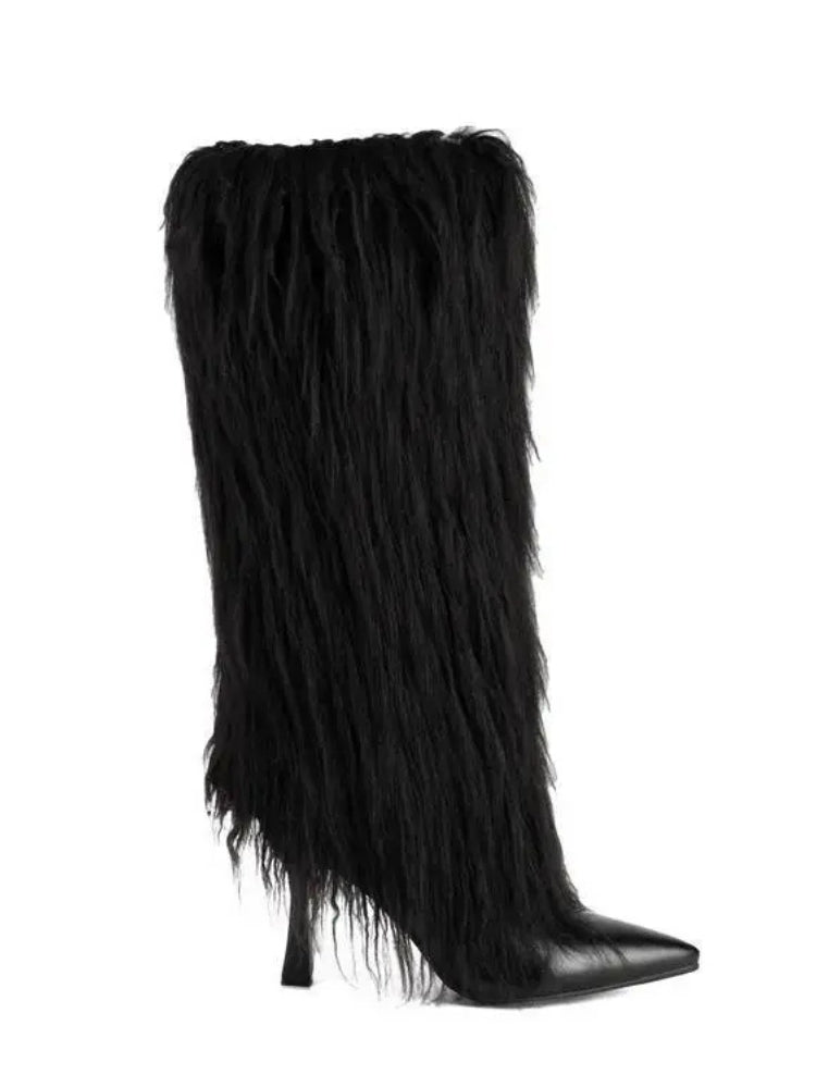 Women's Fluffy Knee High Boots with Pointed Toe | Stiletto Heel