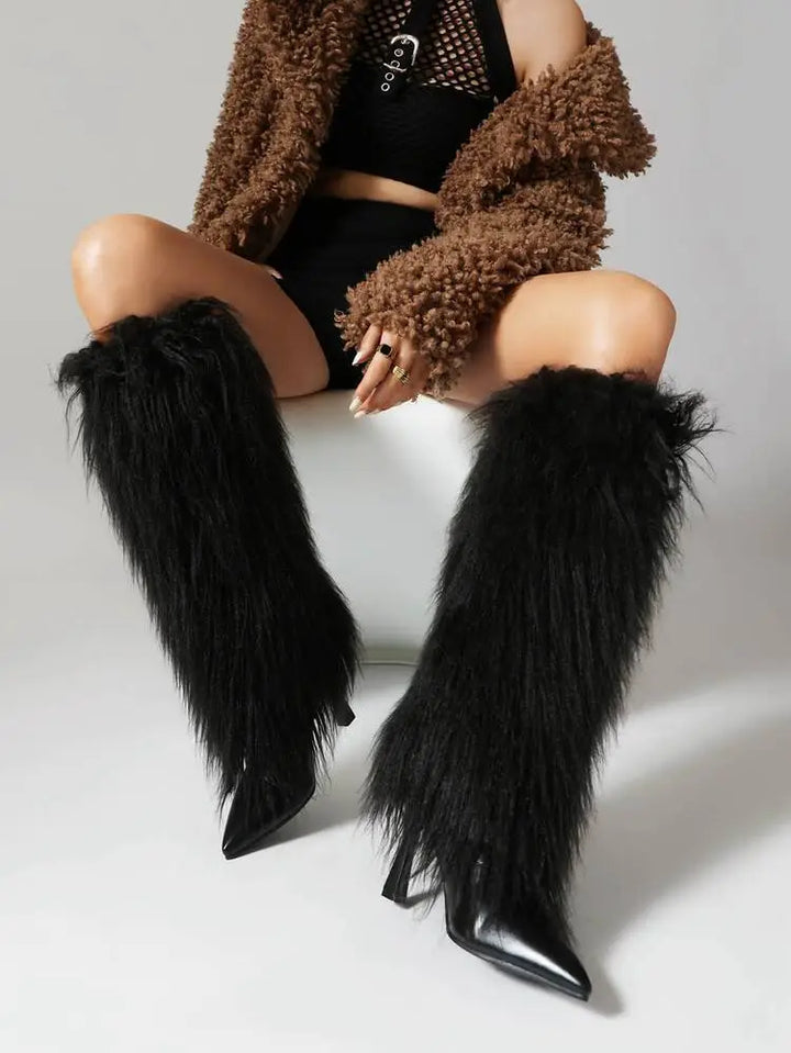 Women's Fluffy Knee High Boots with Pointed Toe | Stiletto Heel