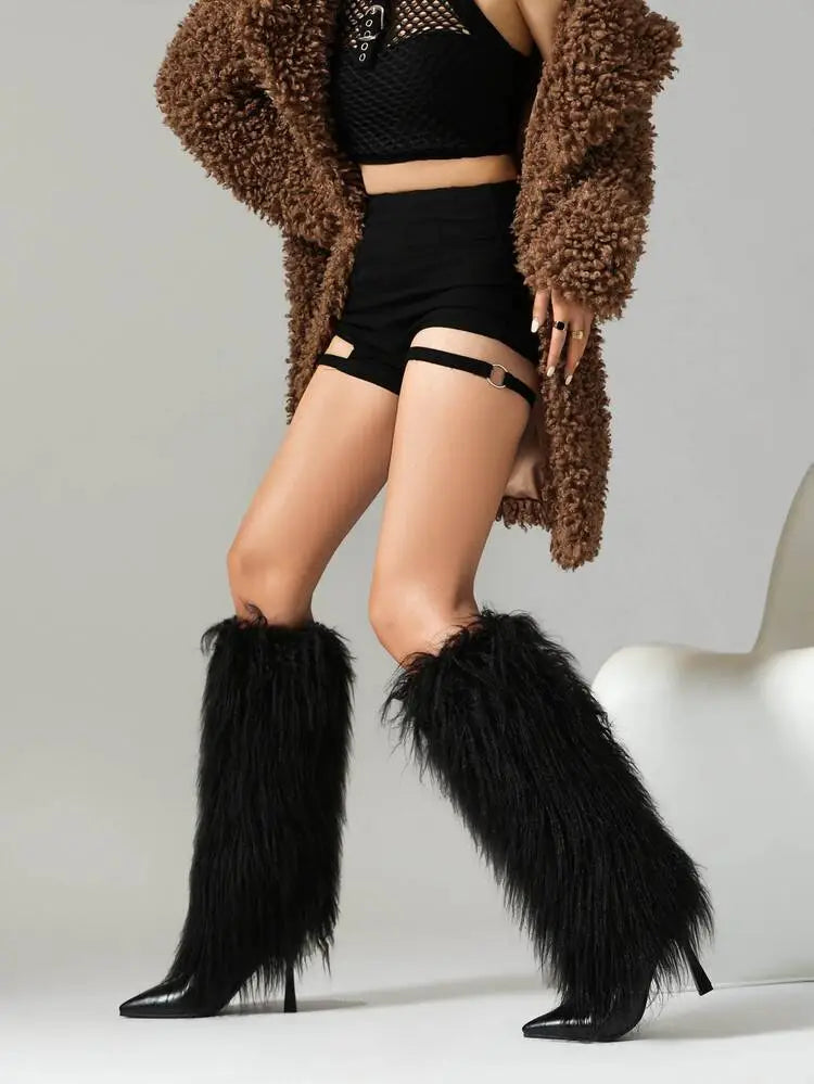 Women's Fluffy Knee High Boots with Pointed Toe | Stiletto Heel