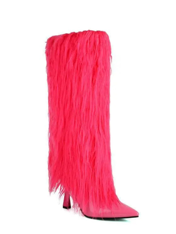 Women's Fluffy Knee High Boots with Pointed Toe | Stiletto Heel