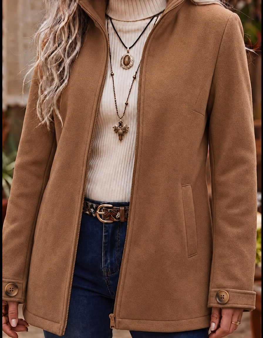 Women's Fluffy Winter Jacket with Stand Collar | Zip Up