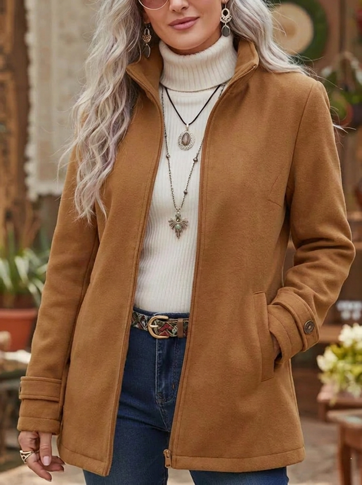 Women's Fluffy Winter Jacket with Stand Collar | Zip Up