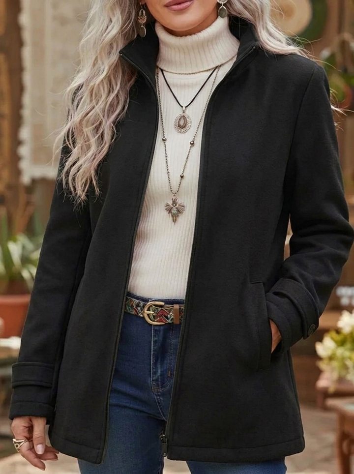 Women's Fluffy Winter Jacket with Stand Collar | Zip Up