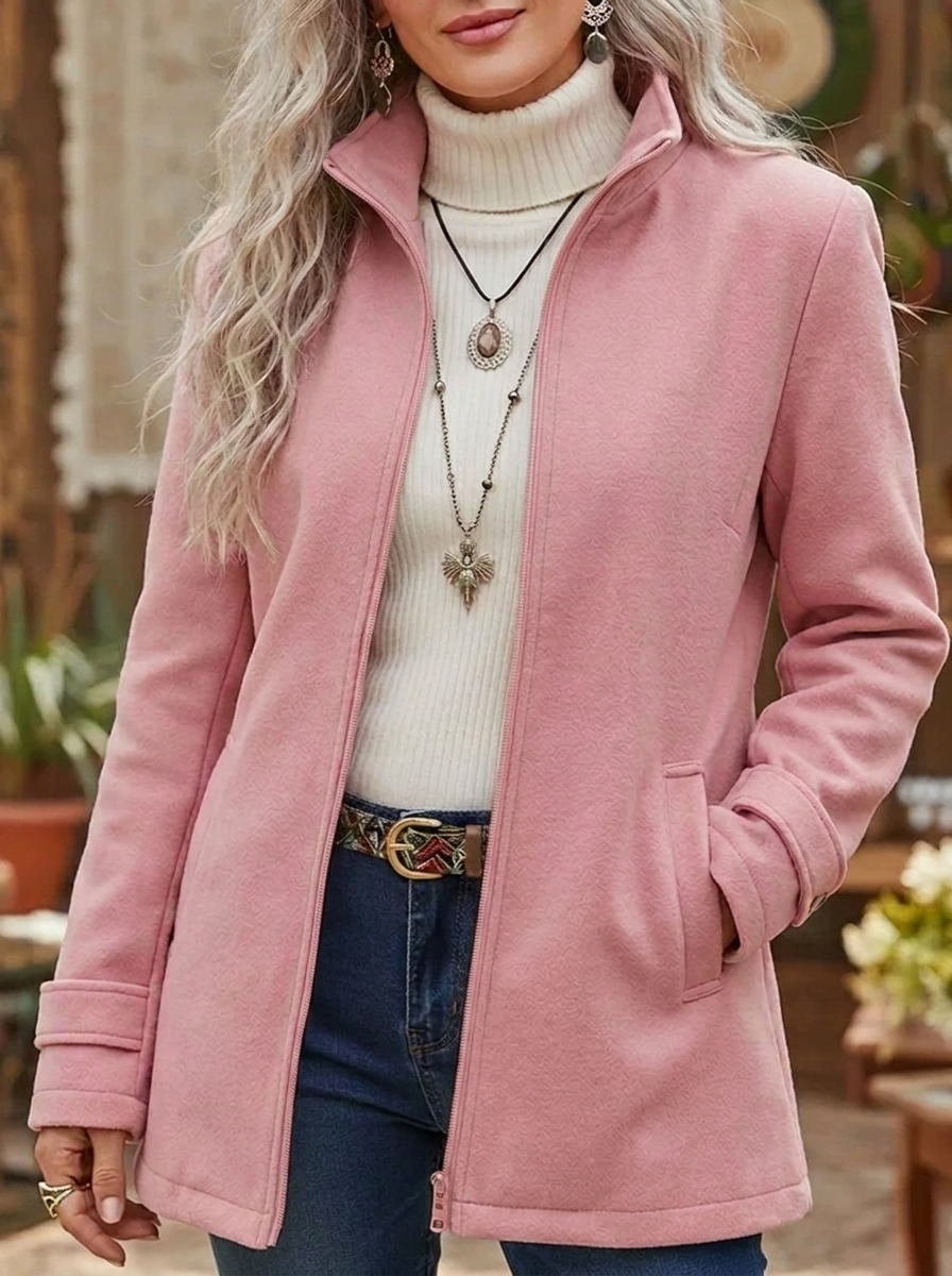 Women's Fluffy Winter Jacket with Stand Collar | Zip Up
