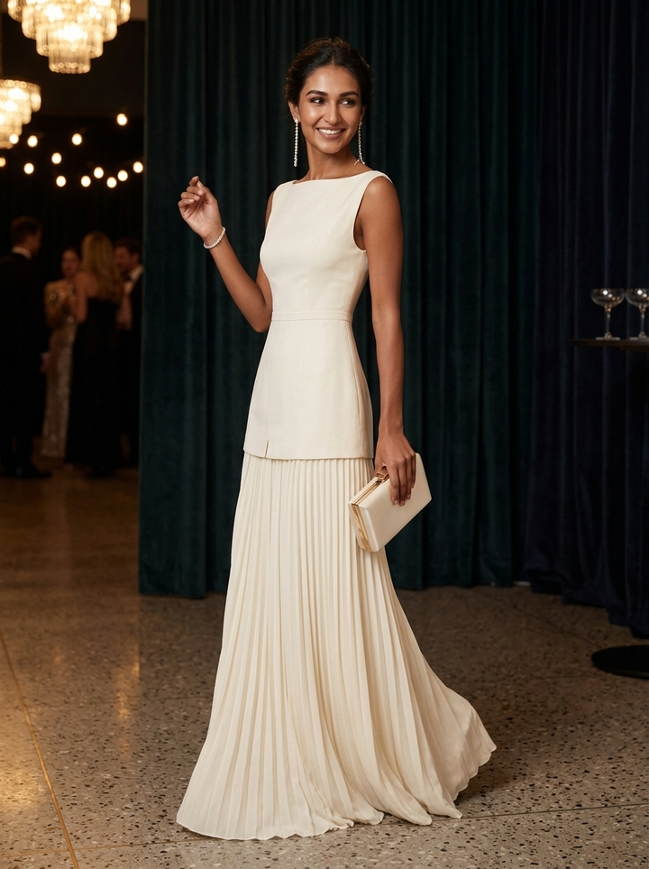 Women's Formal Dress with Boat Neck | Pleated
