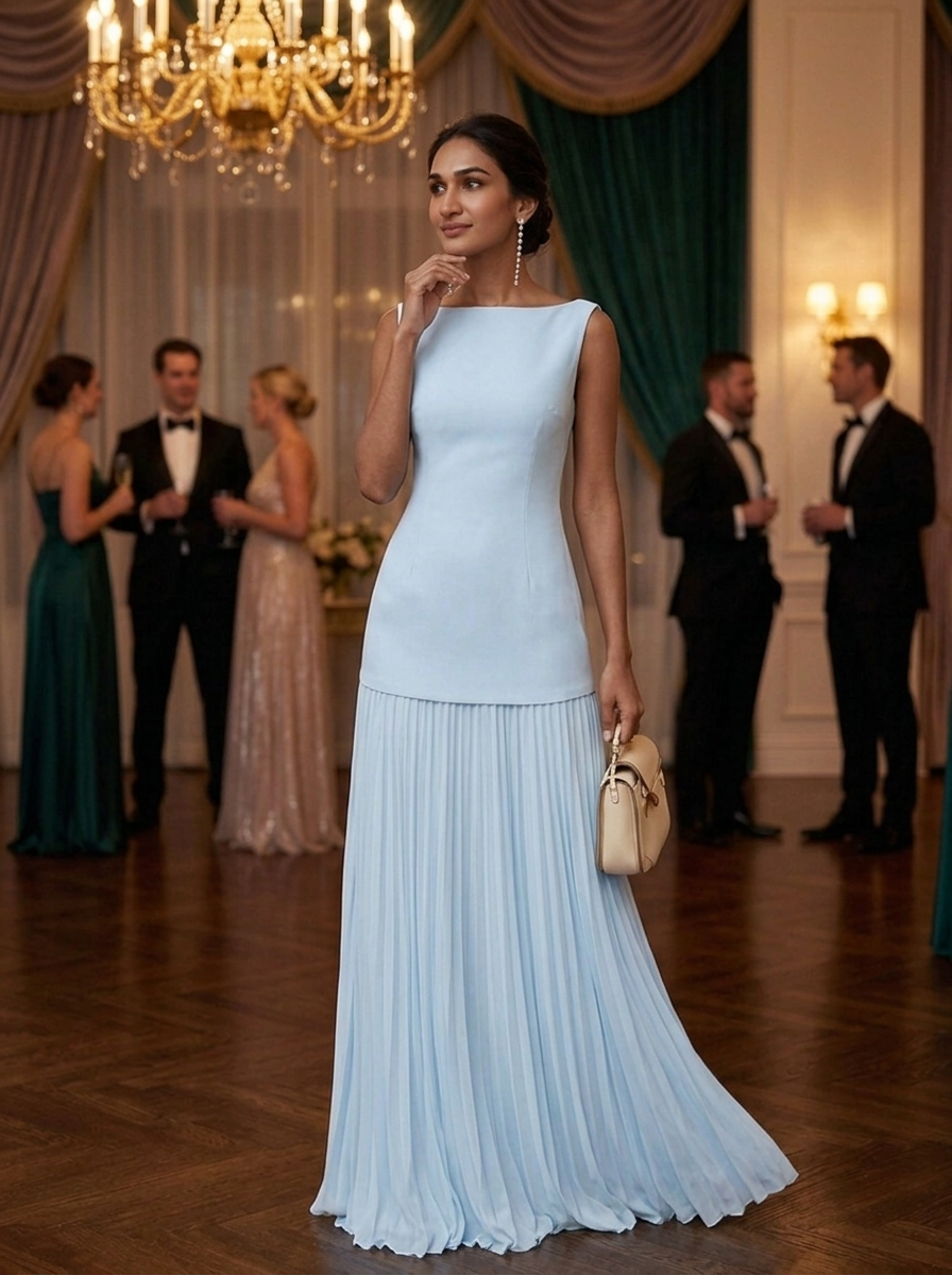 Women's Formal Dress with Boat Neck | Pleated