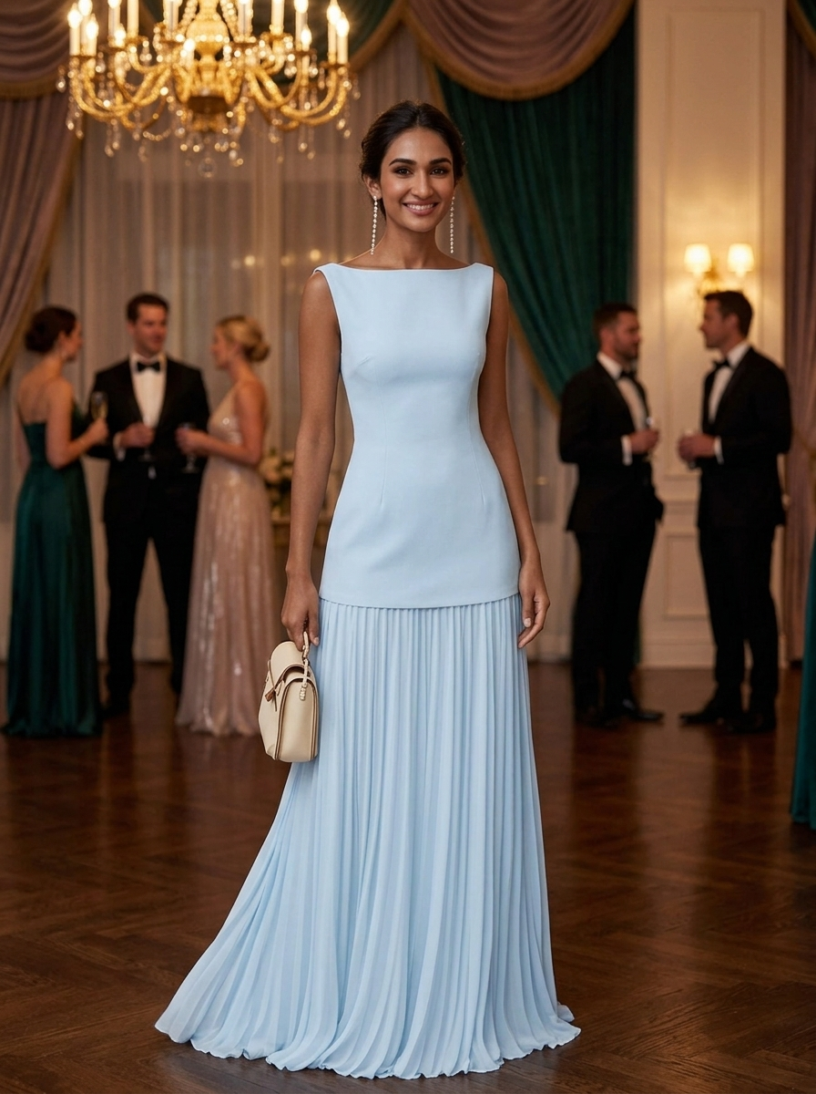 Women's Formal Dress with Boat Neck | Pleated