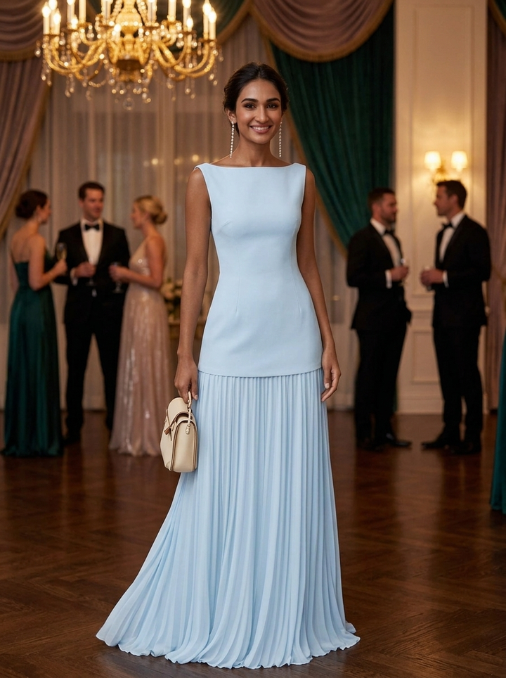 Women's Formal Dress with Boat Neck | Pleated