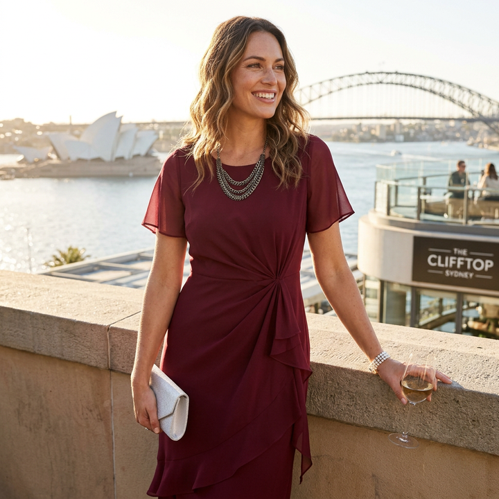 Women's Formal Dress with Flutter Sleeve & Ruffle Hem | Midi
