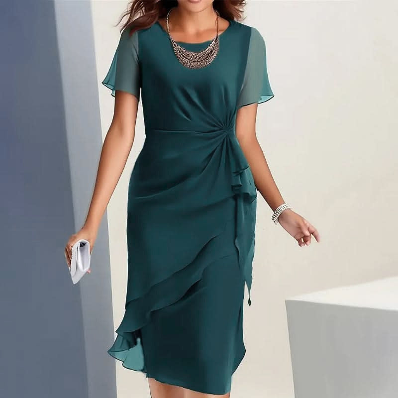 Women's Formal Dress with Flutter Sleeve & Ruffle Hem | Midi