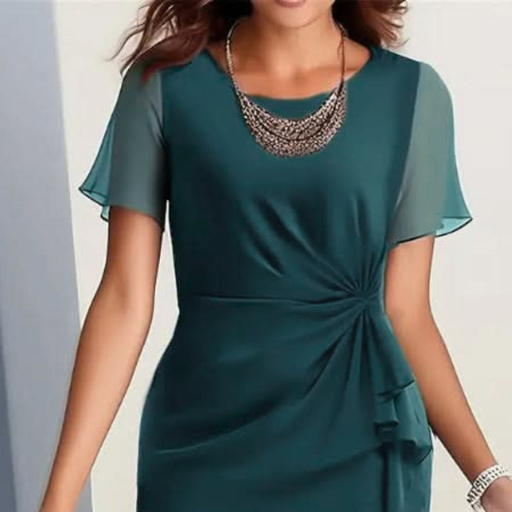 Women's Formal Dress with Flutter Sleeve & Ruffle Hem | Midi