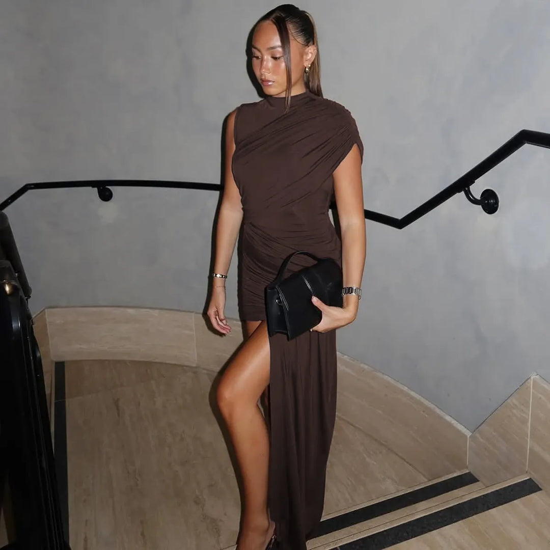 Women's Formal Dress with High Neck & Ruching | Bodycon