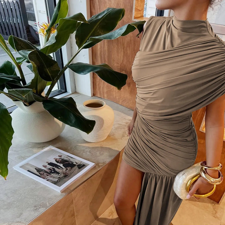 Women's Formal Dress with High Neck & Ruching | Bodycon