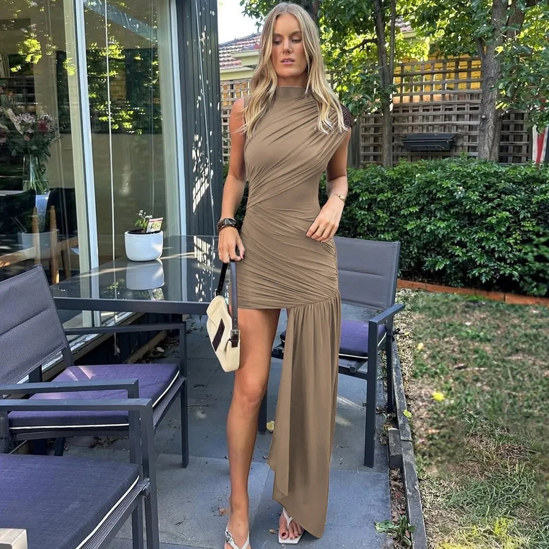 Women's Formal Dress with High Neck & Ruching | Bodycon