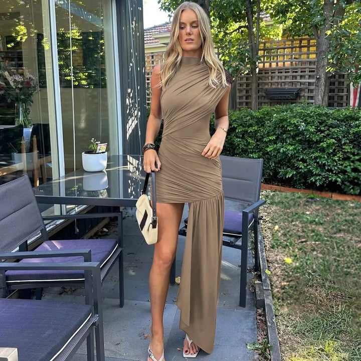 Women's Formal Dress with High Neck & Ruching | Bodycon