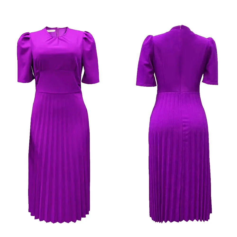 Women's Formal Dress with Puff Sleeve & Pleats | Midi