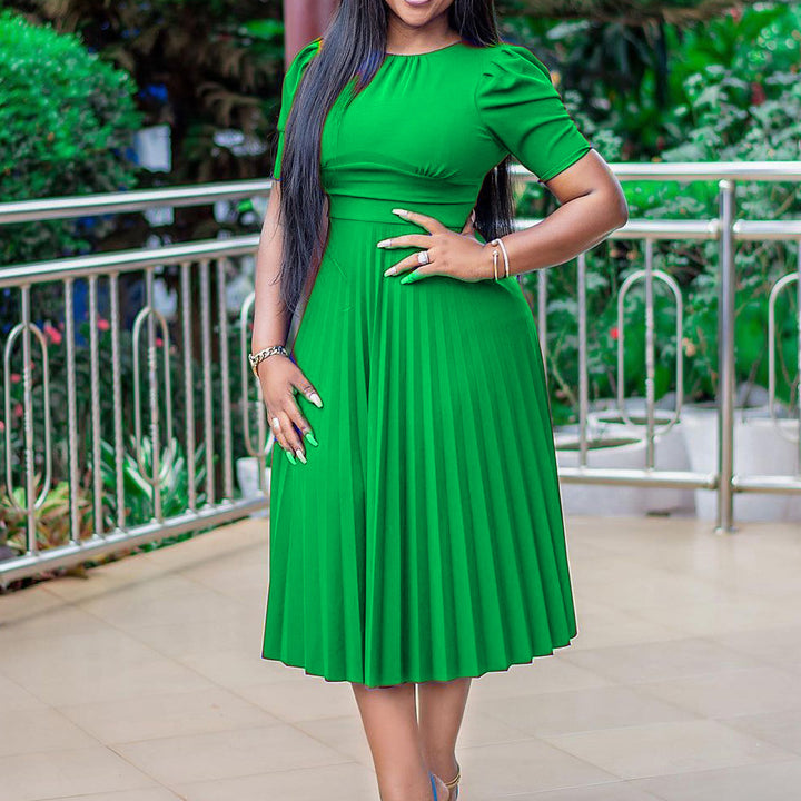 Women's Formal Dress with Puff Sleeve & Pleats | Midi