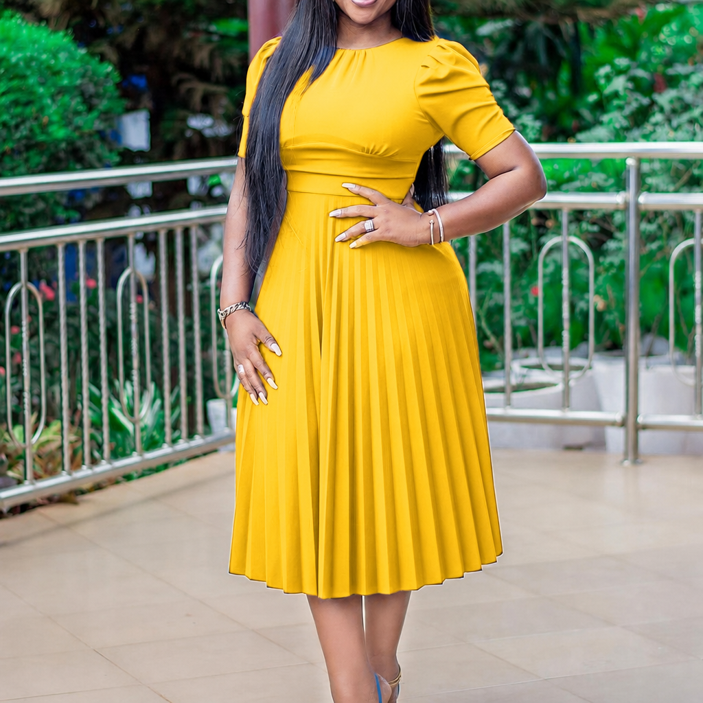Women's Formal Dress with Puff Sleeve & Pleats | Midi