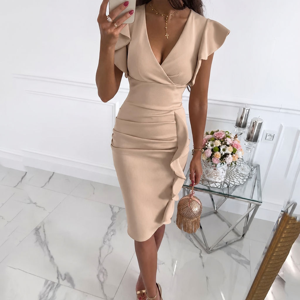 Women's Formal Dress with Ruffle Sleeve & Ruching | V-Neck Midi