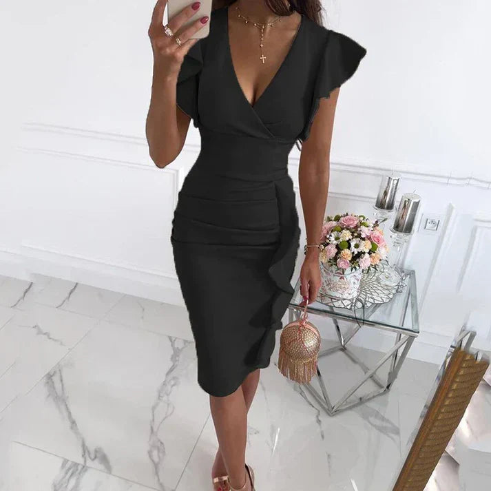 Women's Formal Dress with Ruffle Sleeve & Ruching | V-Neck Midi