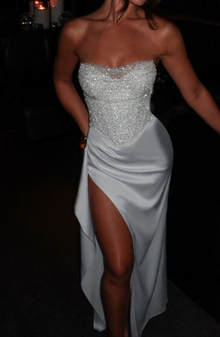 Women's Formal Dress with Sequin Corset & Split | Maxi