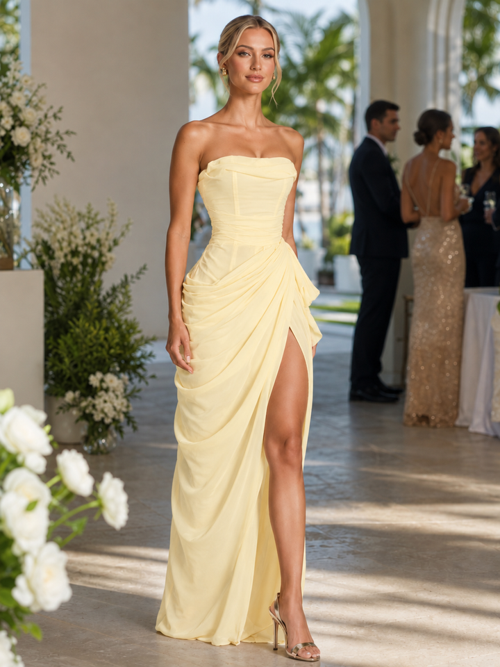 Women's Formal Dress with Strapless Ruching & Split | Maxi
