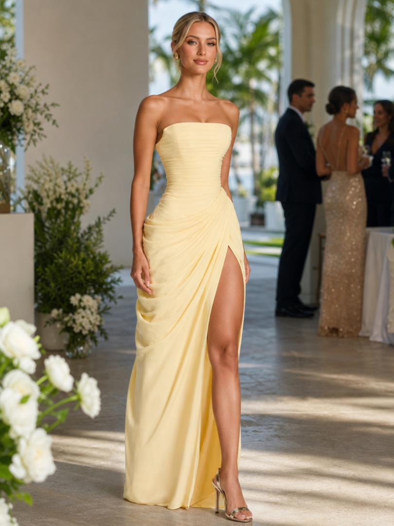 Women's Formal Dress with Strapless Ruching & Split | Maxi