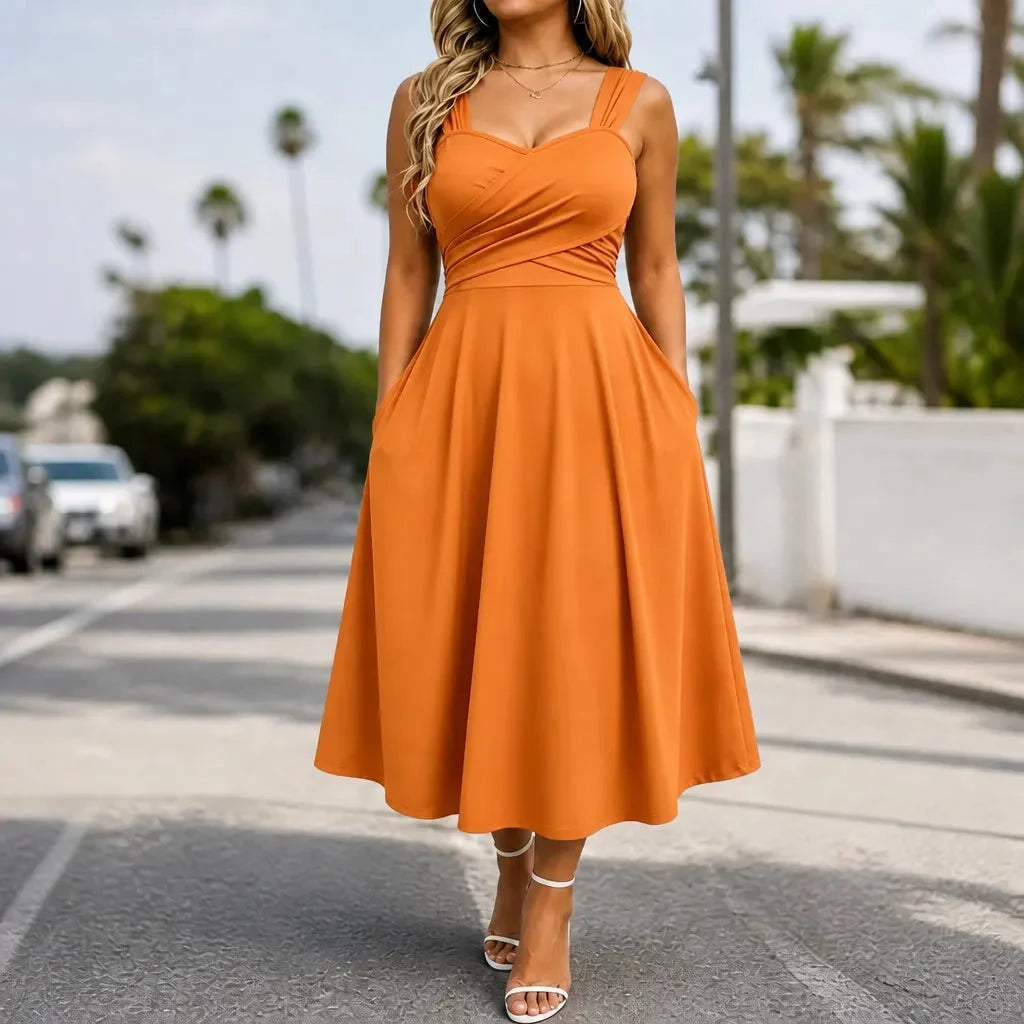 Women's Formal Dress with Sweetheart Neck & Pockets | Midi