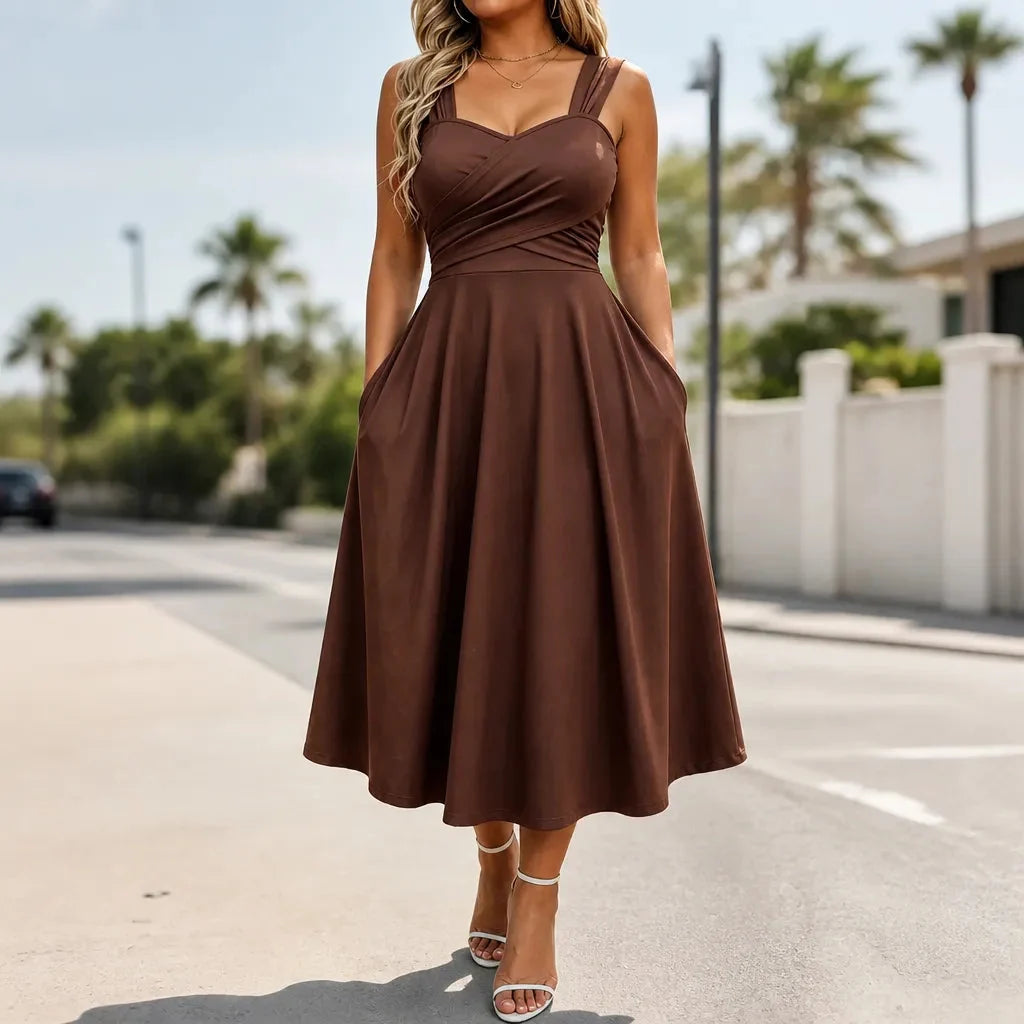 Women's Formal Dress with Sweetheart Neck & Pockets | Midi
