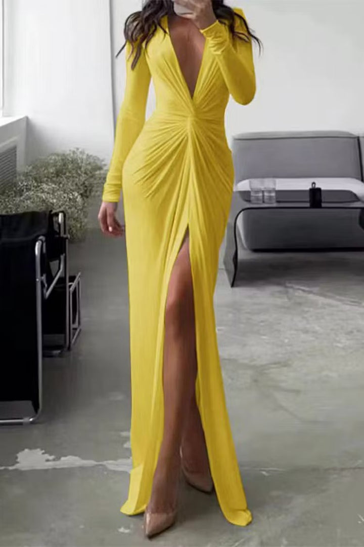 Women's Formal Dress with V Neck & Side Split | Maxi Long Sleeve