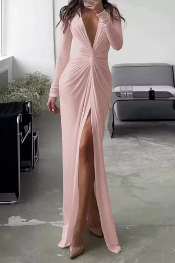 Women's Formal Dress with V Neck & Side Split | Maxi Long Sleeve
