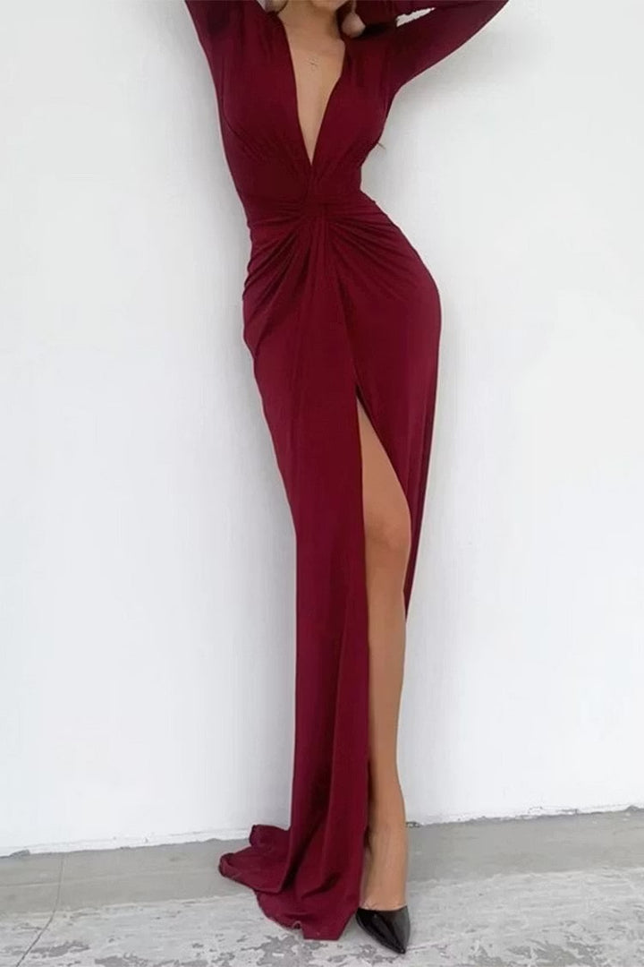 Women's Formal Dress with V Neck & Side Split | Maxi Long Sleeve