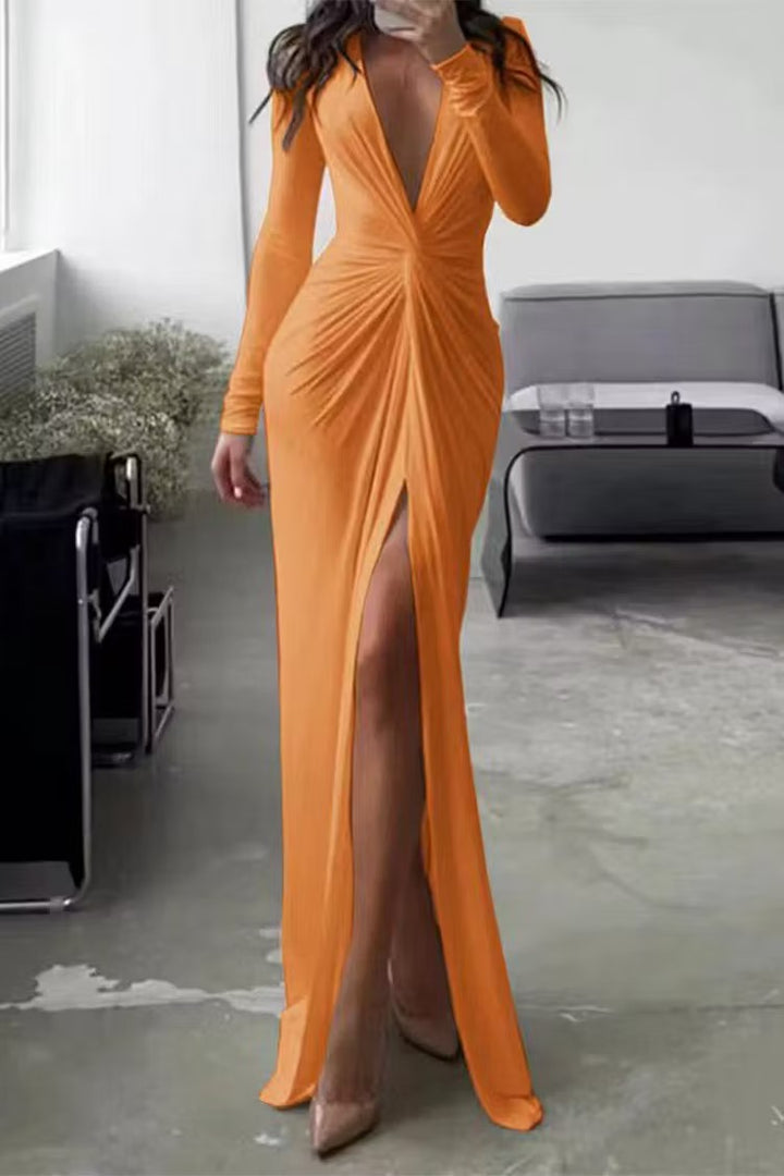 Women's Formal Dress with V Neck & Side Split | Maxi Long Sleeve