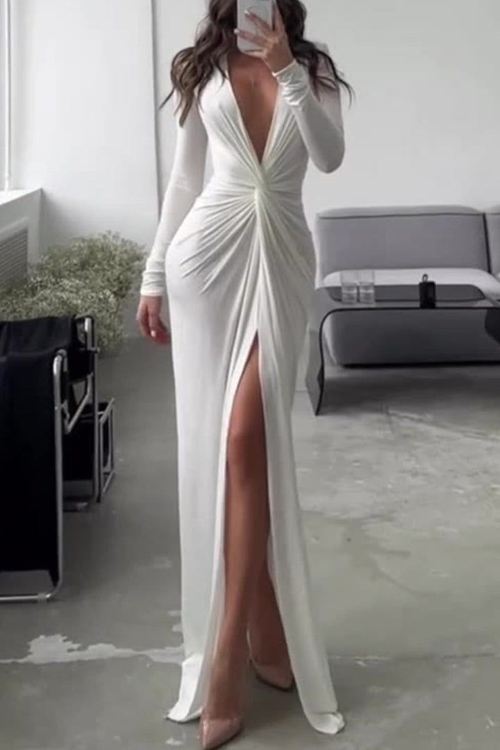 Women's Formal Dress with V Neck & Side Split | Maxi Long Sleeve